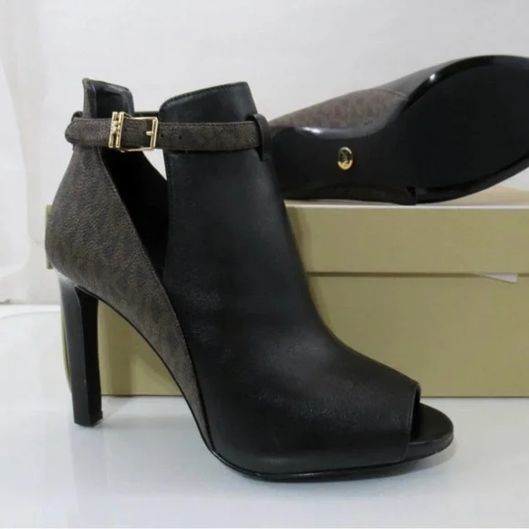 Michael Kors Lawson leather front open toe Black and Brown Peep-Toe Heeled Boots - Picture 2 of 6
